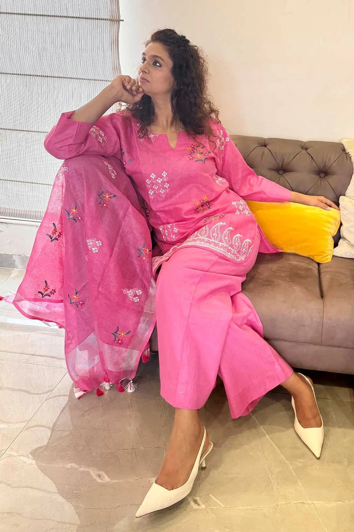 Linen Co-Ord Sets with Delicate Embroidery - Bright Pink