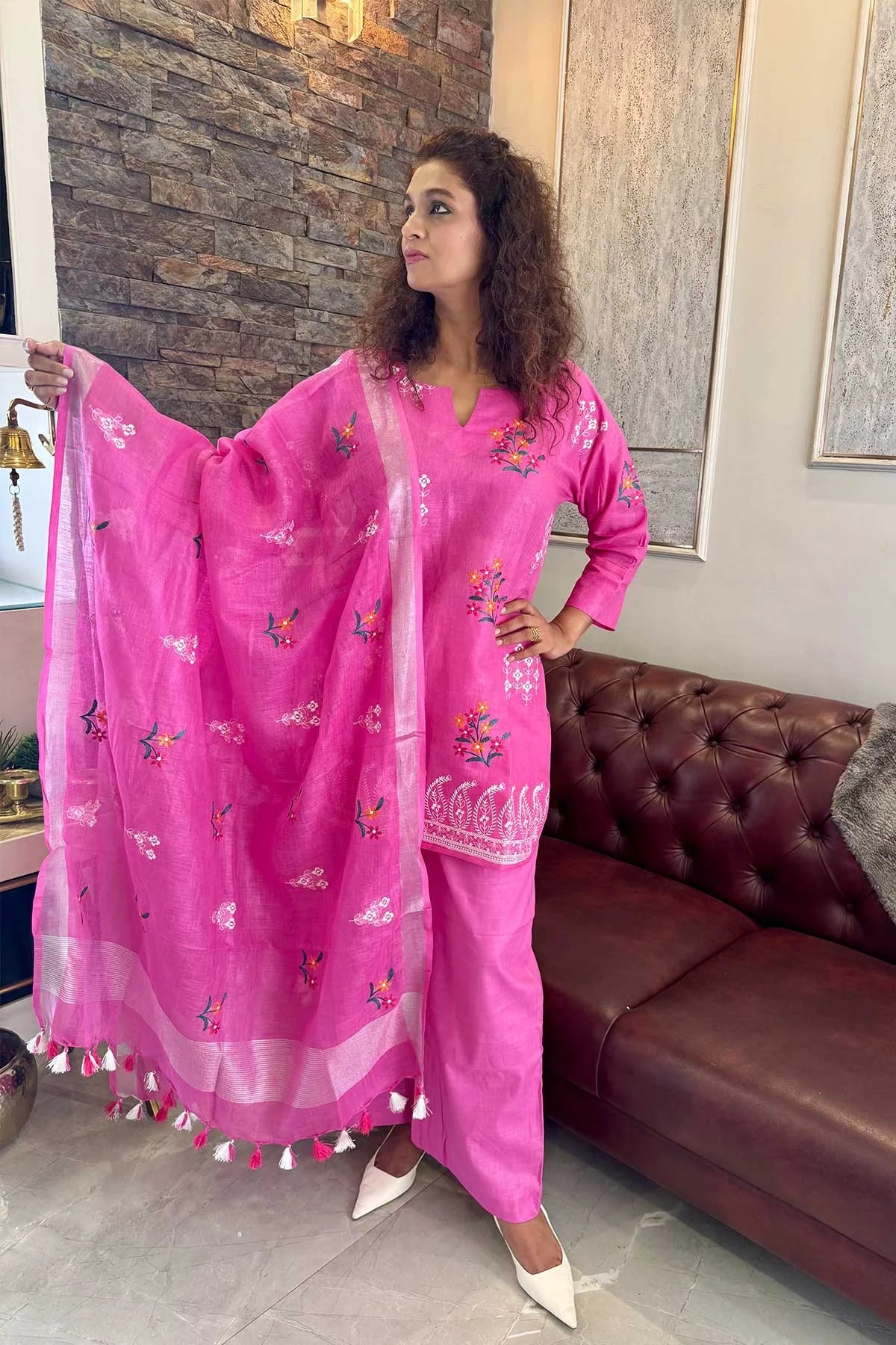 Linen Co-Ord Sets with Delicate Embroidery - Bright Pink