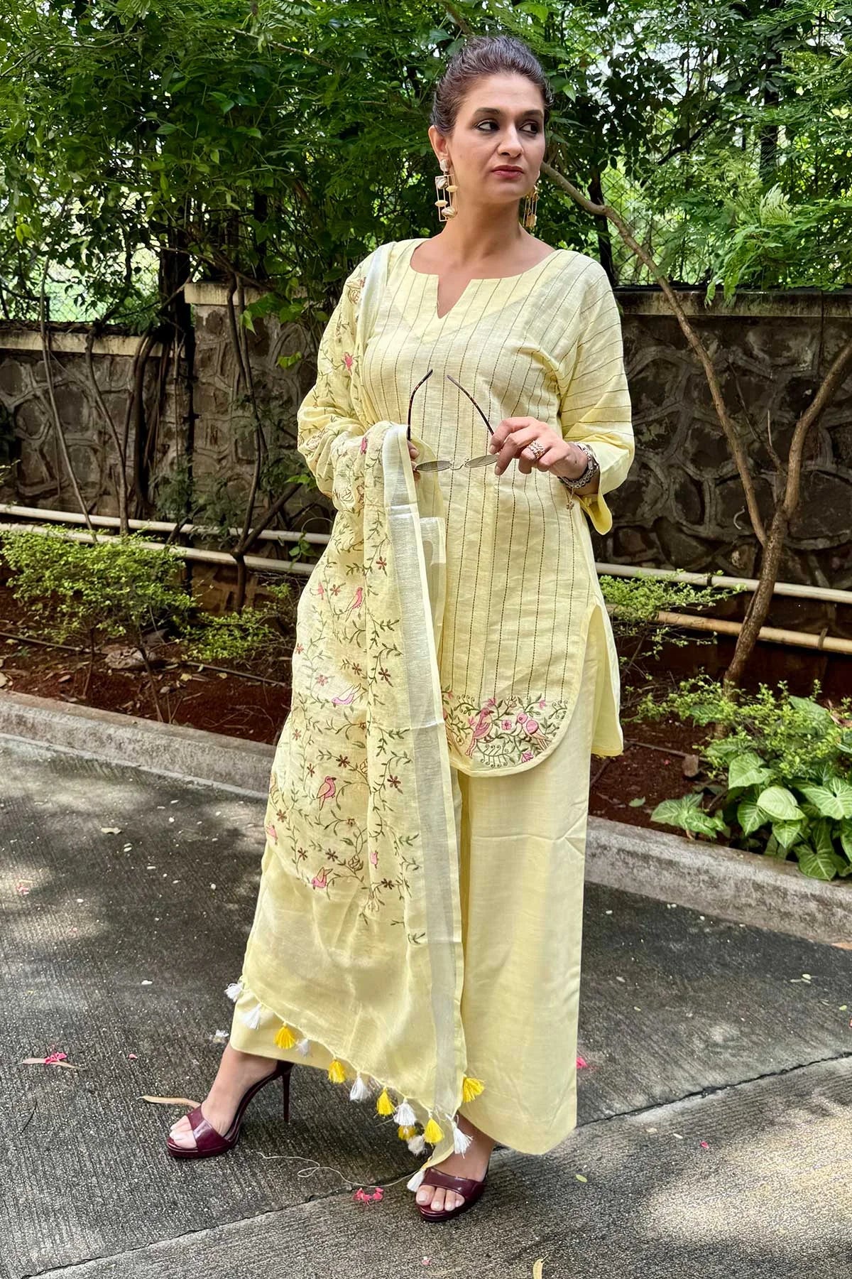 Linen Co-Ord Sets with Delicate Embroidery - Light Yellow