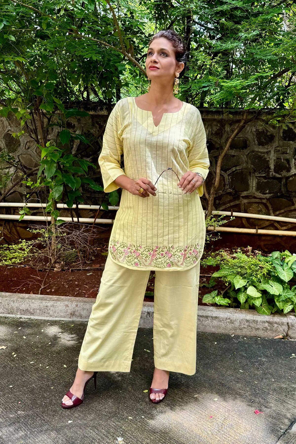 Linen Co-Ord Sets with Delicate Embroidery - Light Yellow