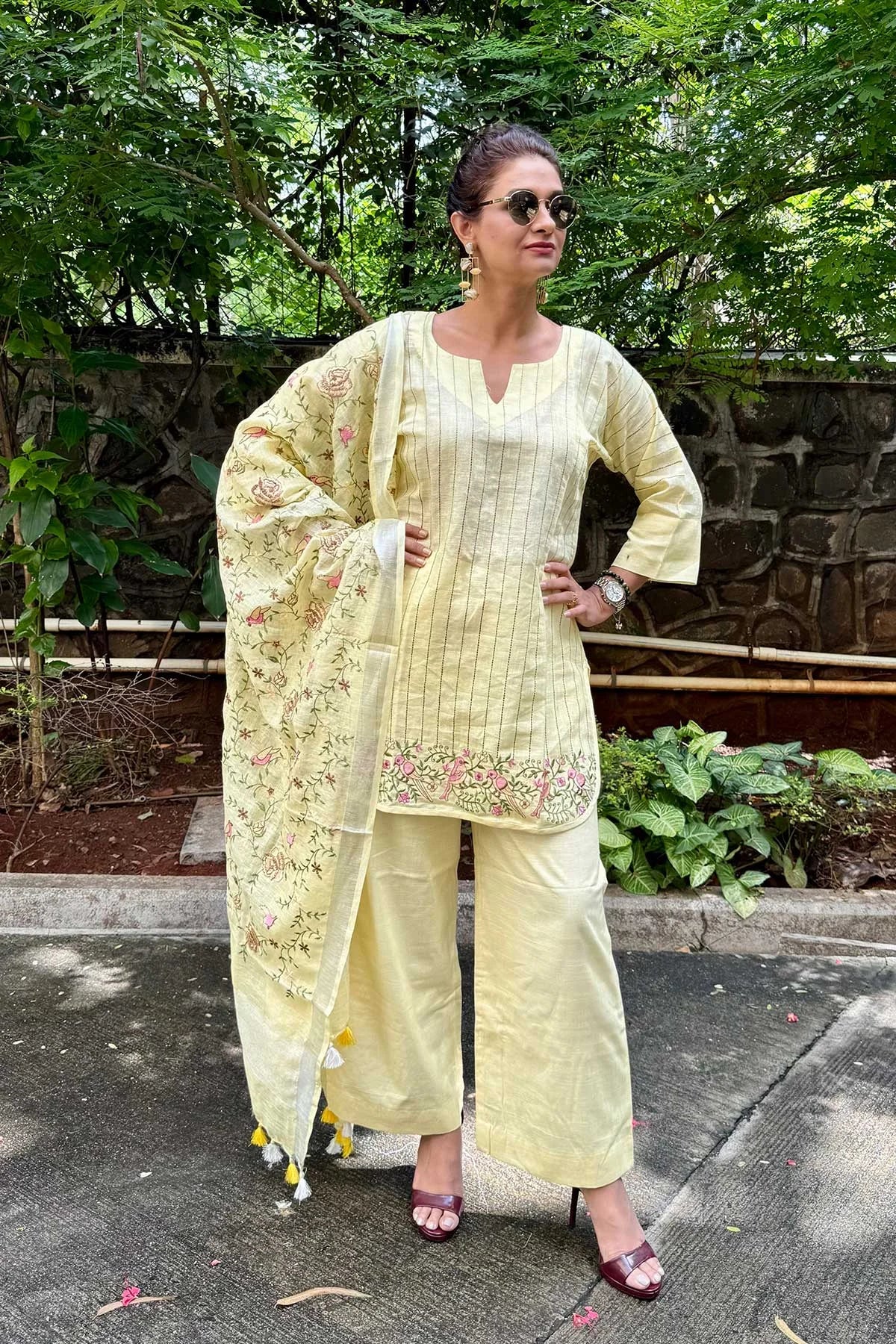 Linen Co-Ord Sets with Delicate Embroidery - Light Yellow