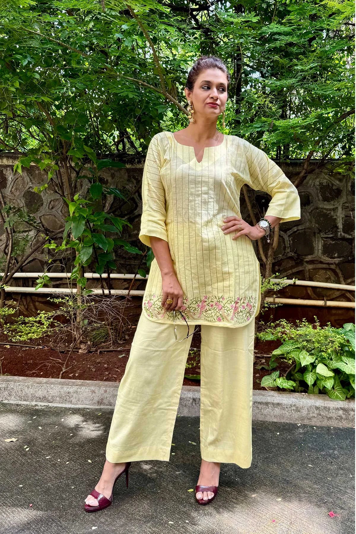 Linen Co-Ord Sets with Delicate Embroidery - Light Yellow