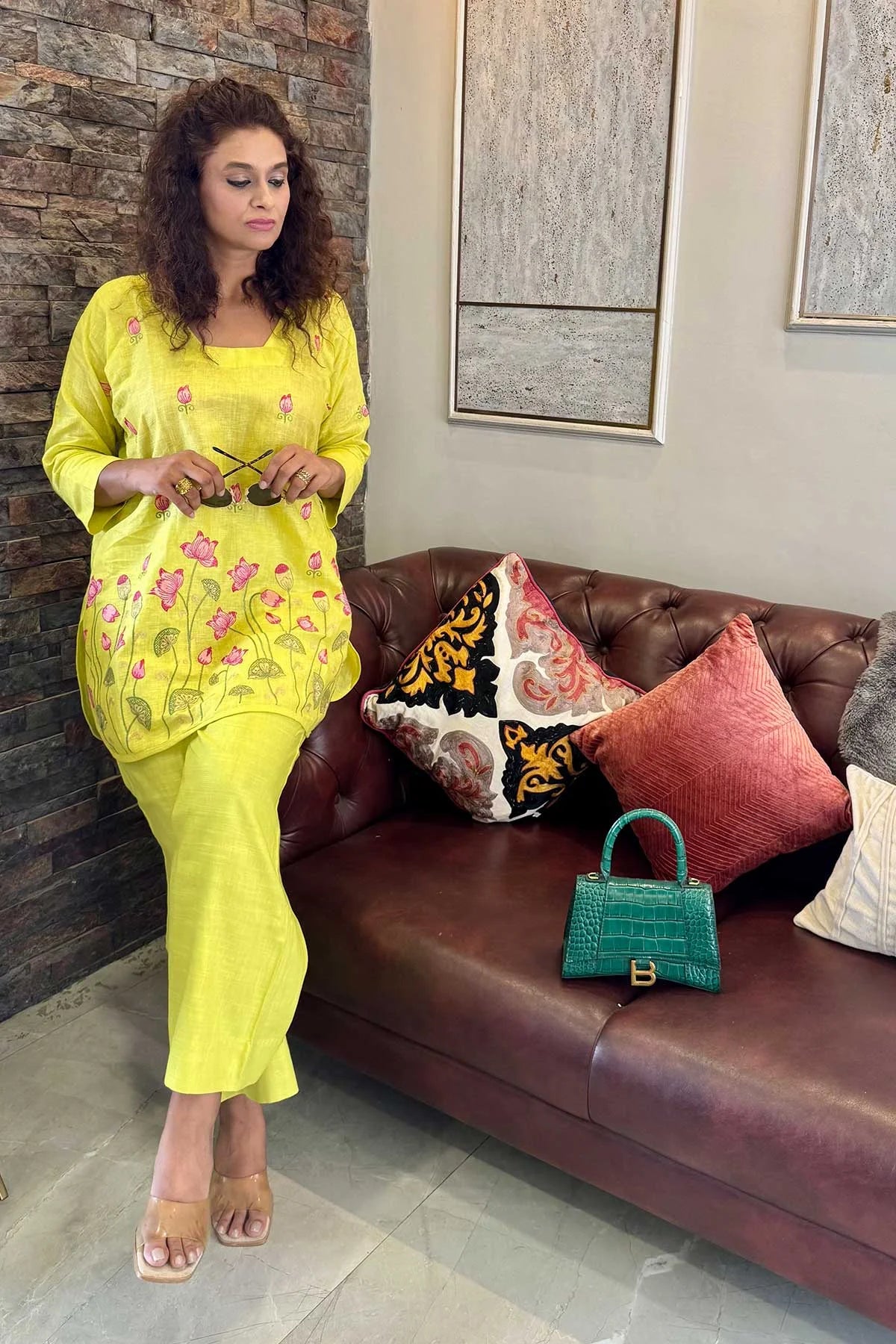 Linen Co-Ord Sets with Delicate Embroidery - Bright Yellow