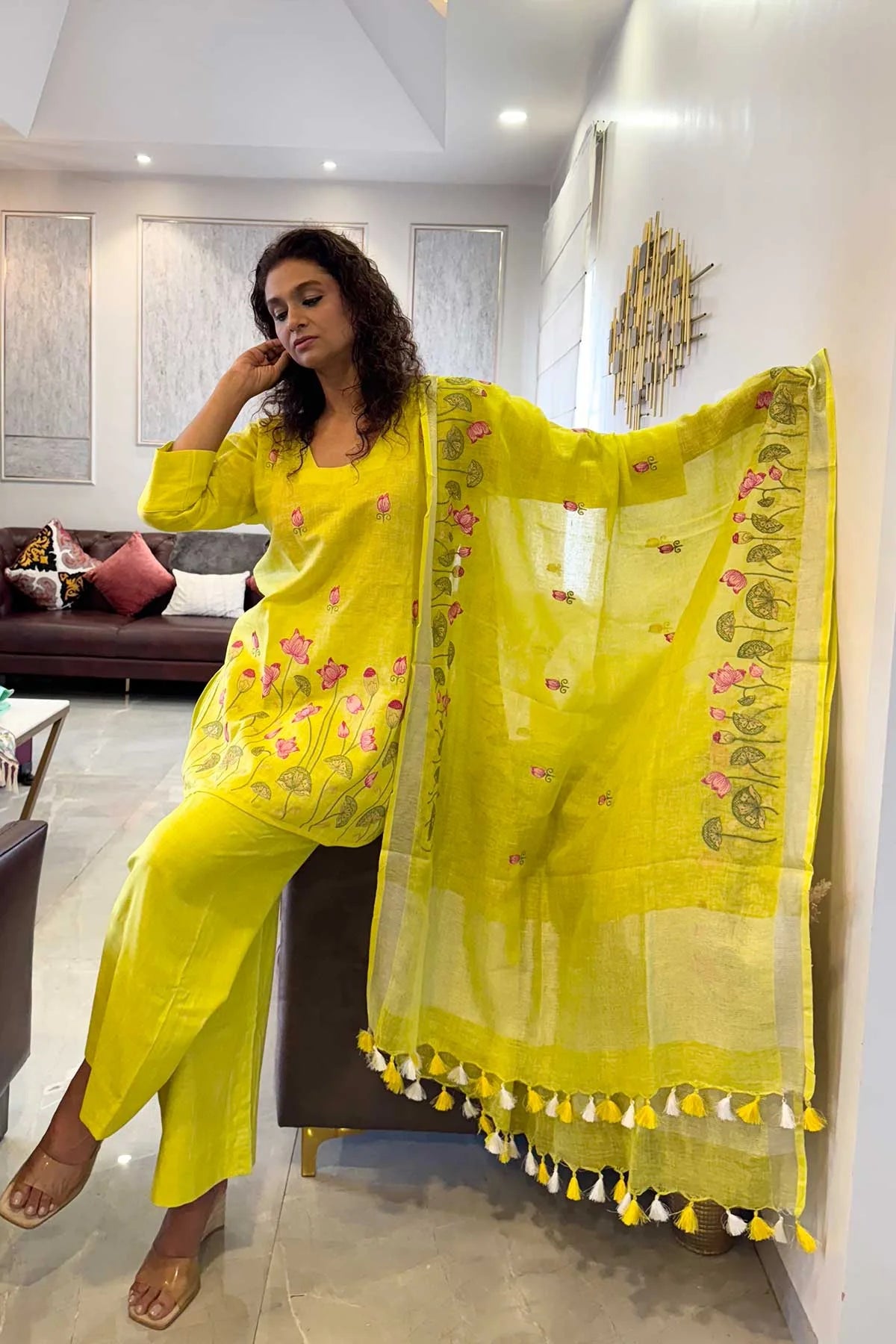 Linen Co-Ord Sets with Delicate Embroidery - Bright Yellow