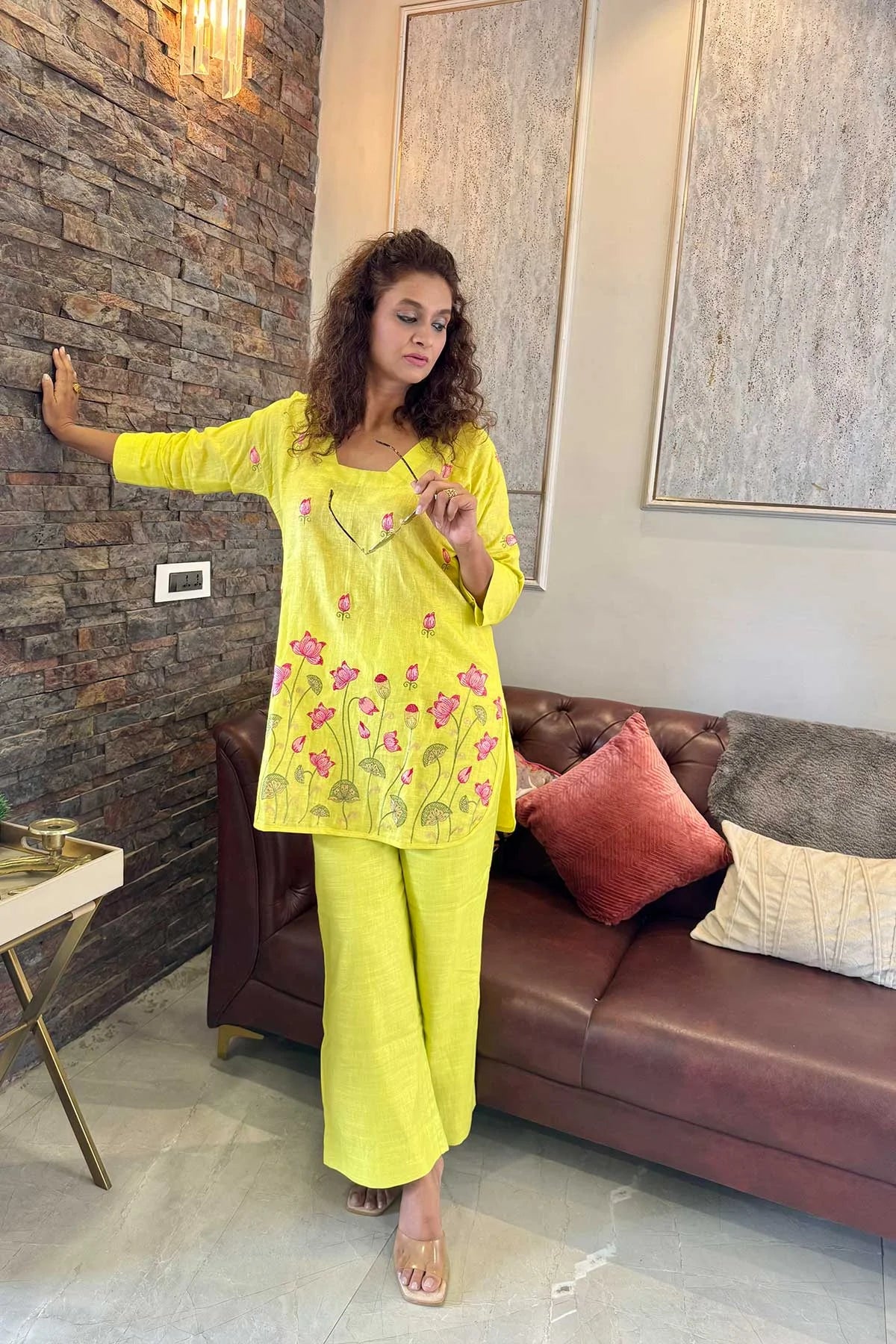 Linen Co-Ord Sets with Delicate Embroidery - Bright Yellow