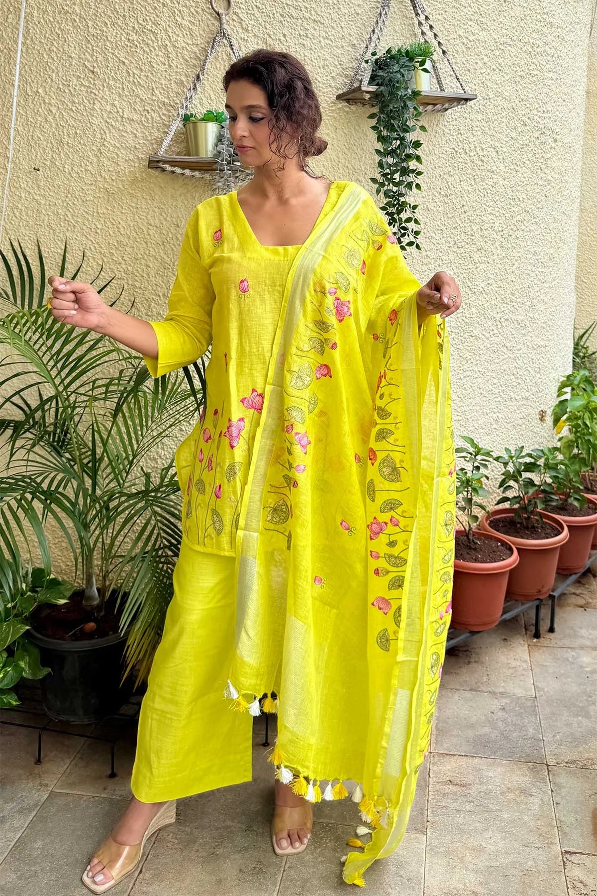 Linen Co-Ord Sets with Delicate Embroidery - Bright Yellow