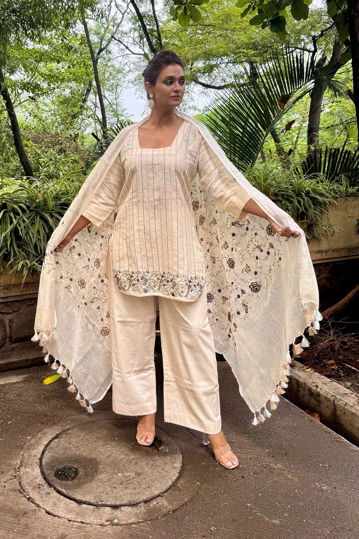 Linen Co-Ord Sets with Delicate Embroidery - Off White