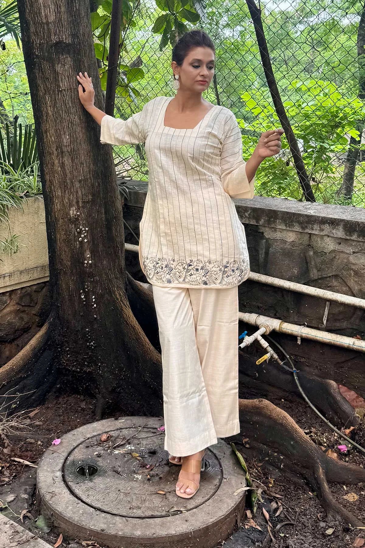 Linen Co-Ord Sets with Delicate Embroidery - Off White