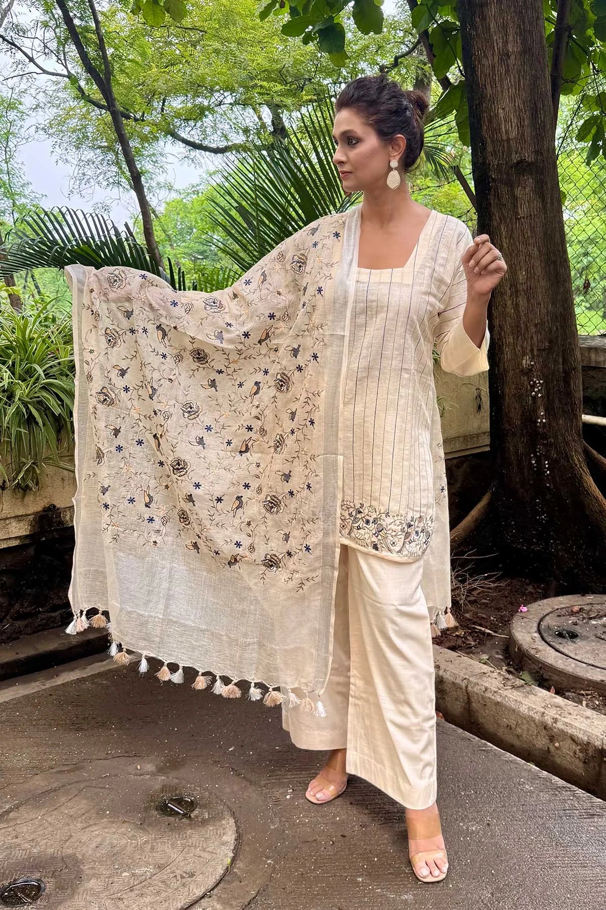 Linen Co-Ord Sets with Delicate Embroidery - Off White