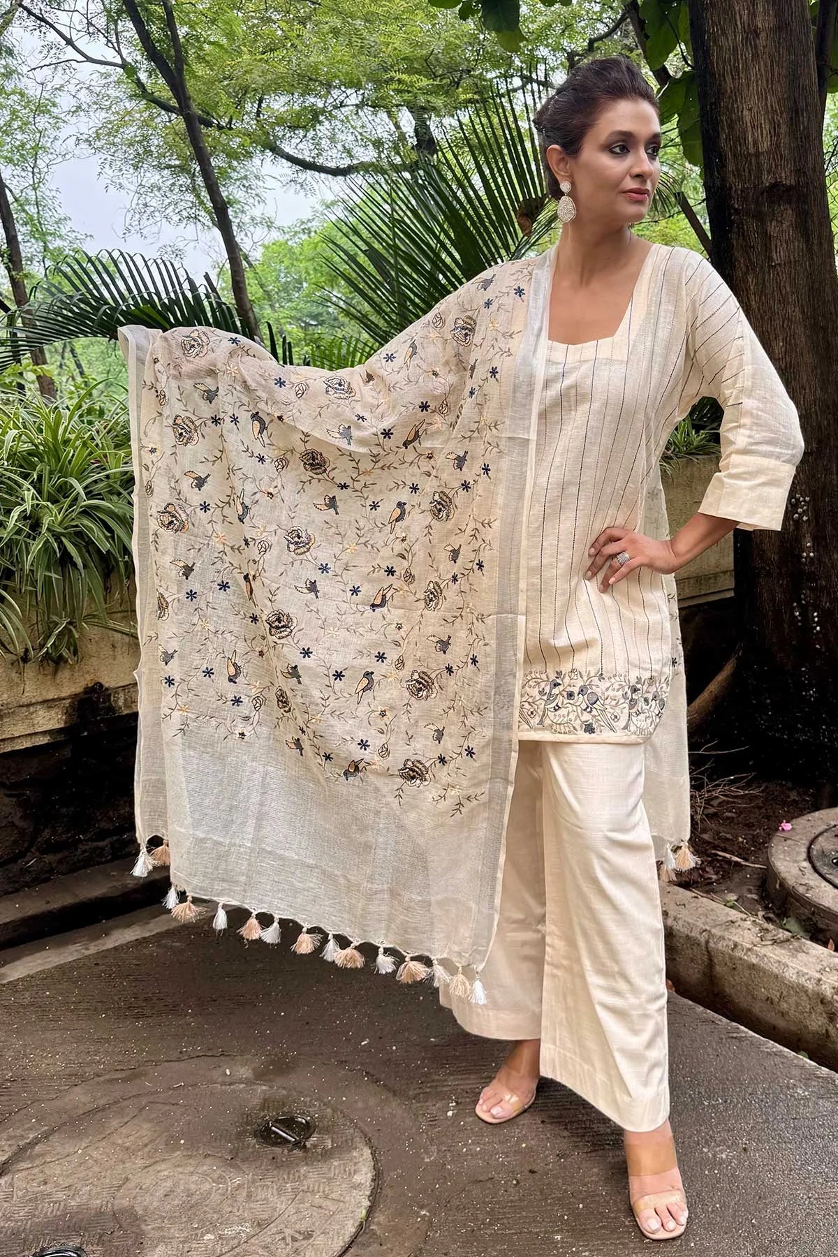 Linen Co-Ord Sets with Delicate Embroidery - Off White