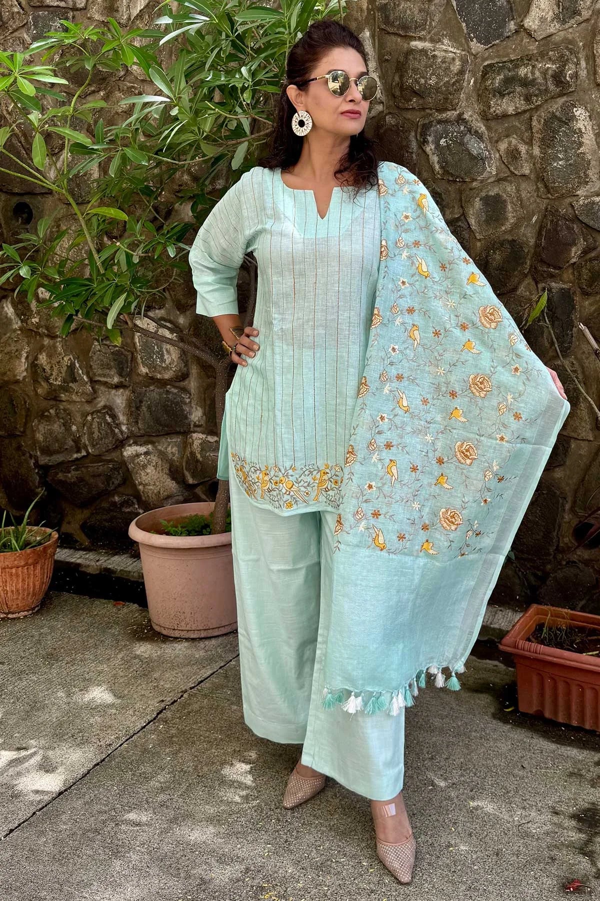 Linen Co-Ord Sets with Delicate Embroidery - Pastel Blue