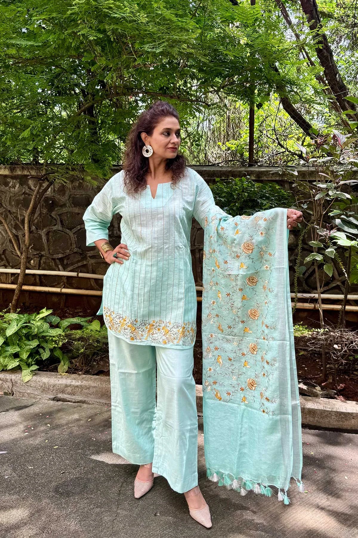 Linen Co-Ord Sets with Delicate Embroidery - Pastel Blue