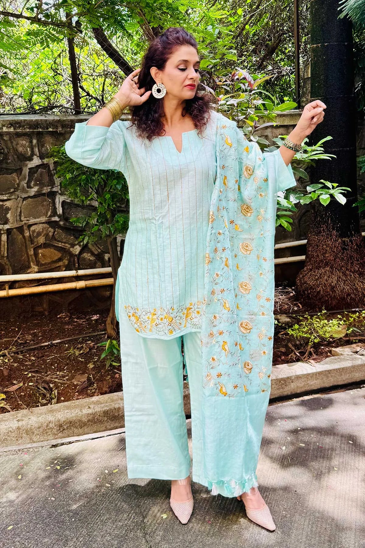 Linen Co-Ord Sets with Delicate Embroidery - Pastel Blue