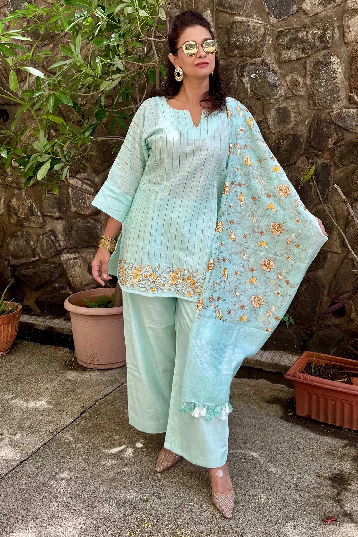 Linen Co-Ord Sets with Delicate Embroidery - Pastel Blue