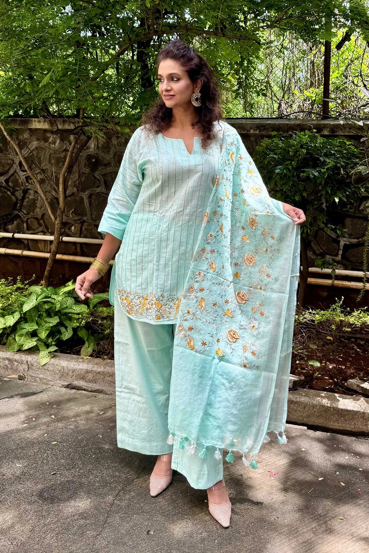 Linen Co-Ord Sets with Delicate Embroidery - Pastel Blue