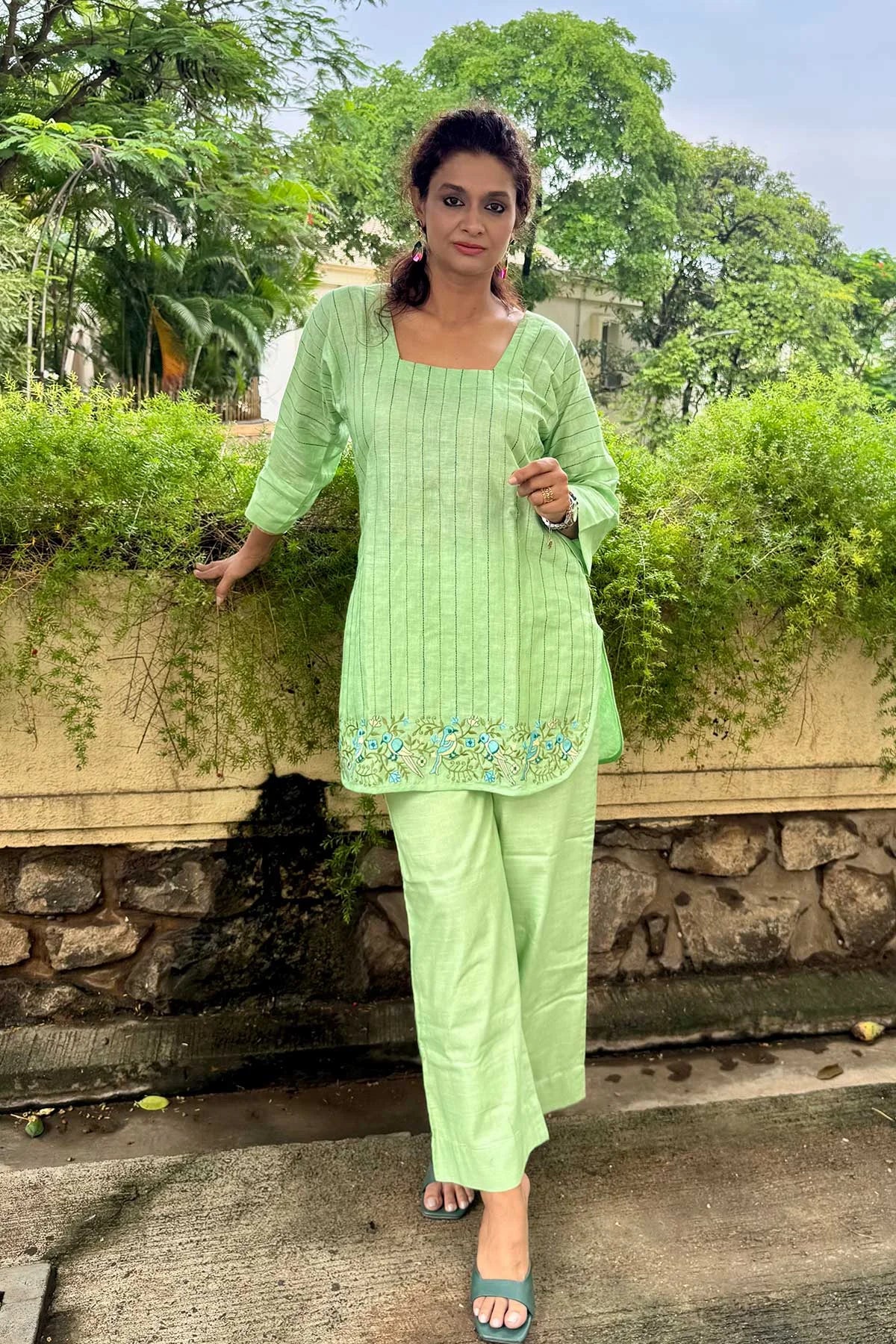 Linen Co-Ord Sets with Delicate Embroidery - Pastel Green