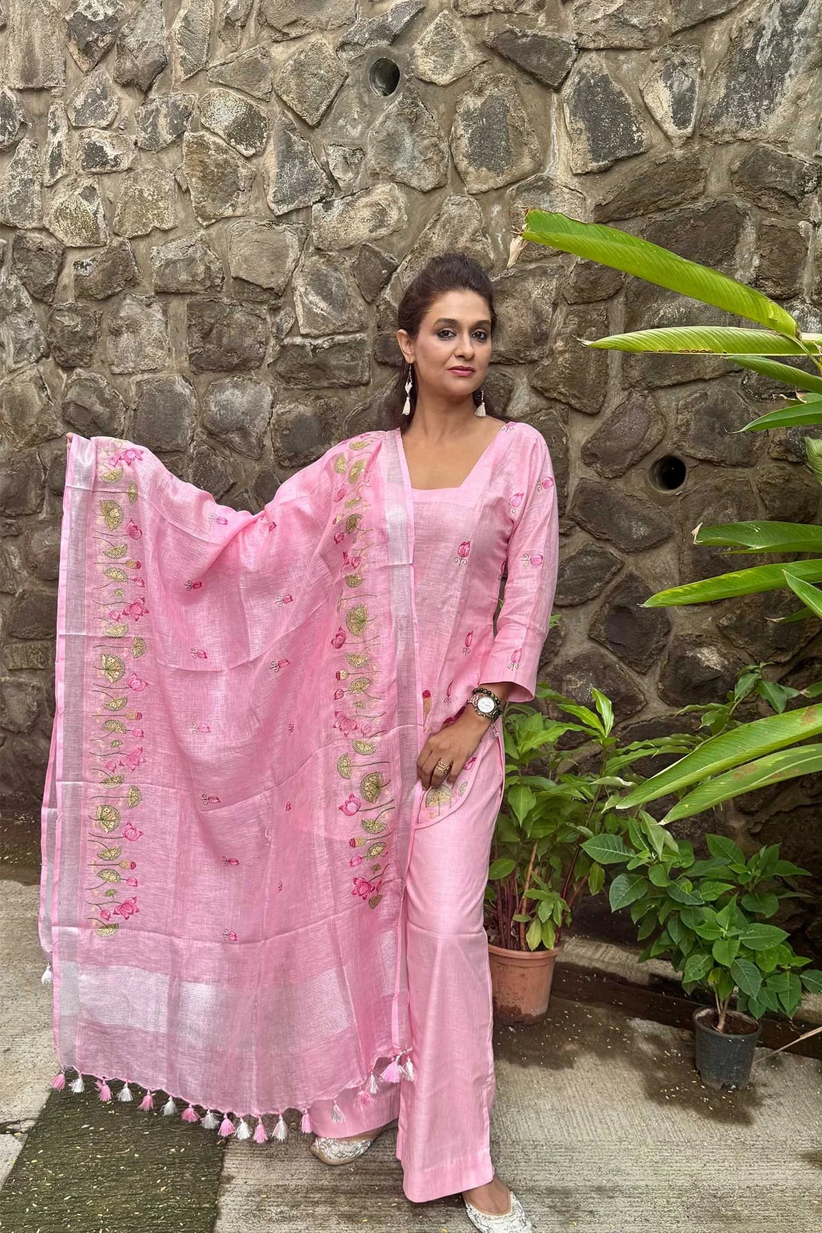 Linen Co-Ord Sets with Delicate Embroidery - Pastel Pink