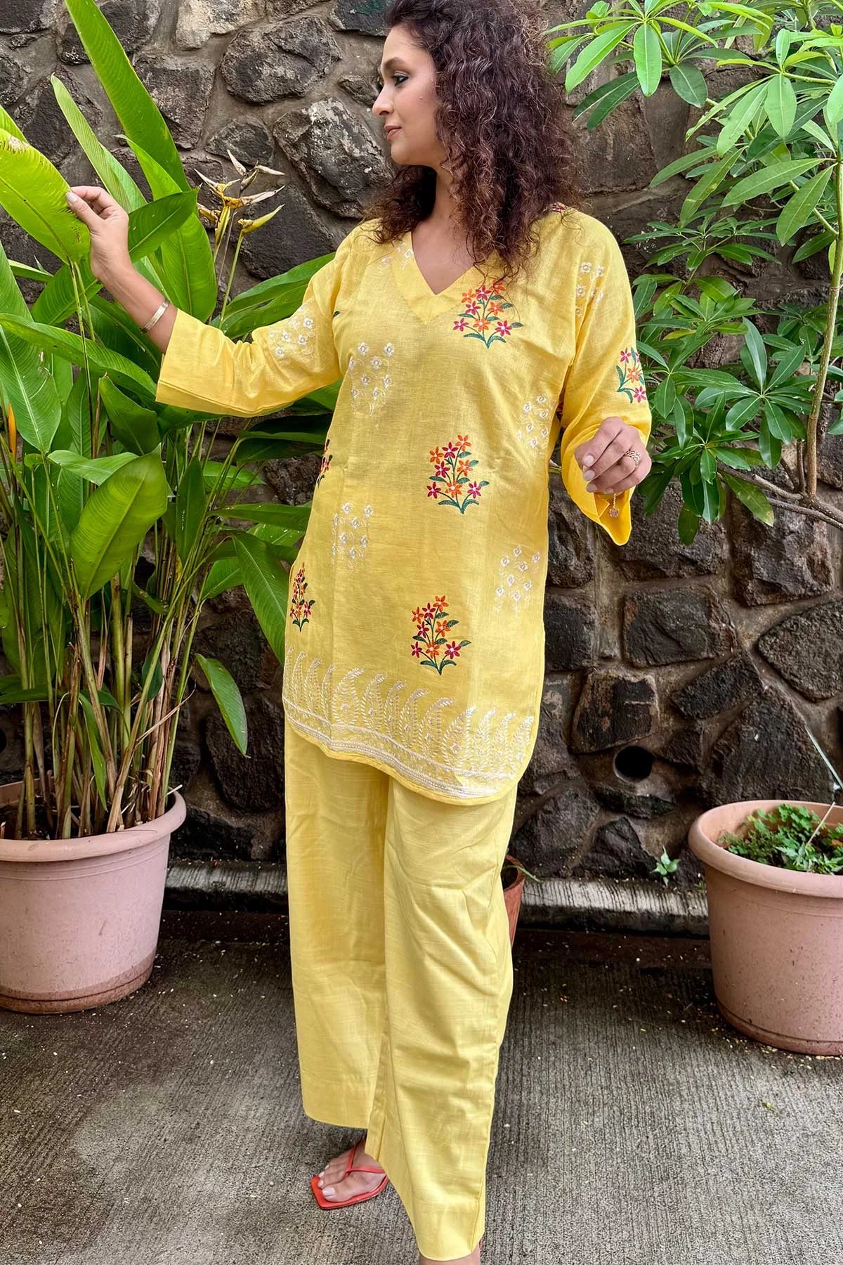 Linen Co-Ord Sets with Delicate Embroidery - Pastel Yellow