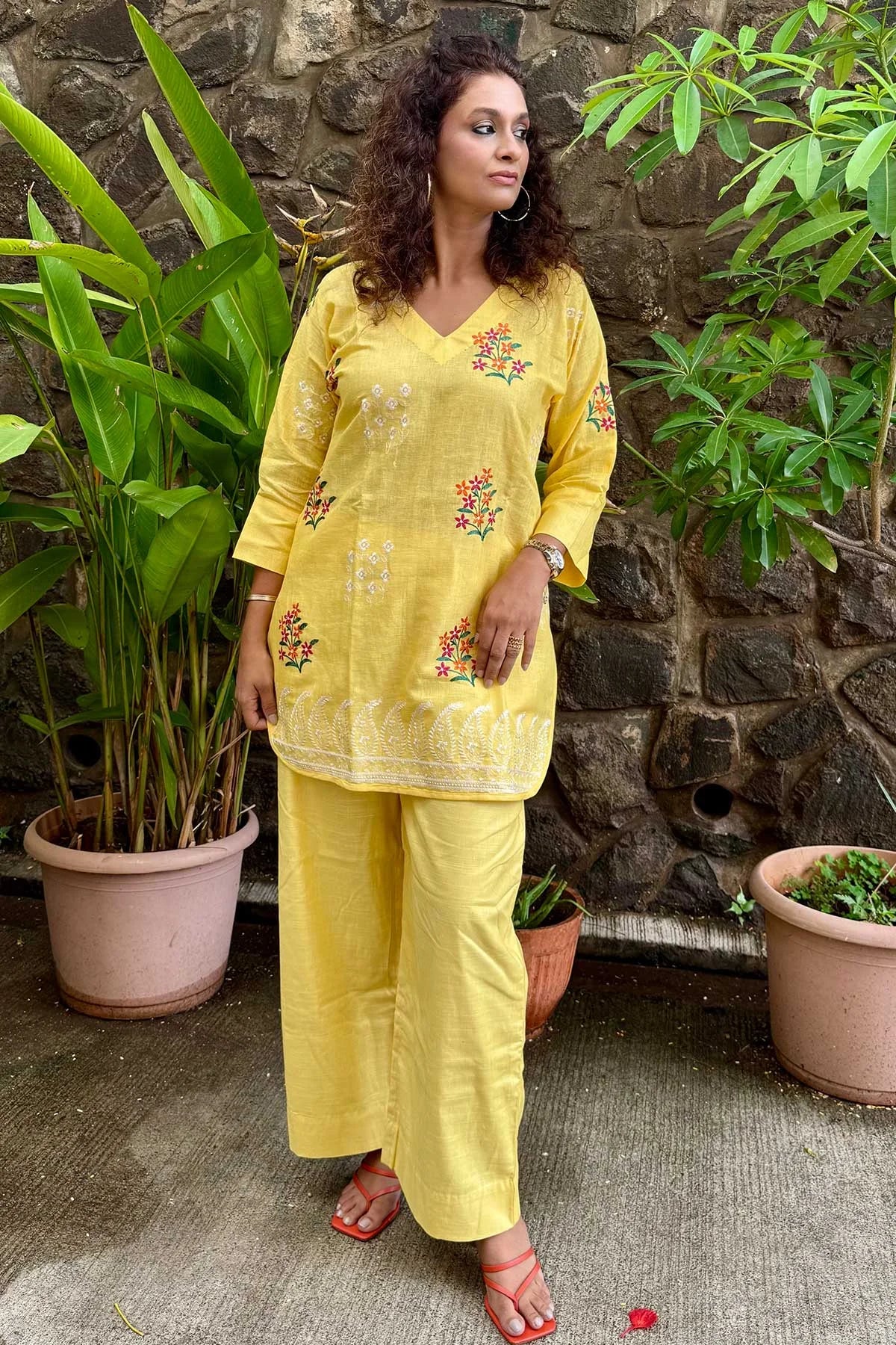 Linen Co-Ord Sets with Delicate Embroidery - Pastel Yellow