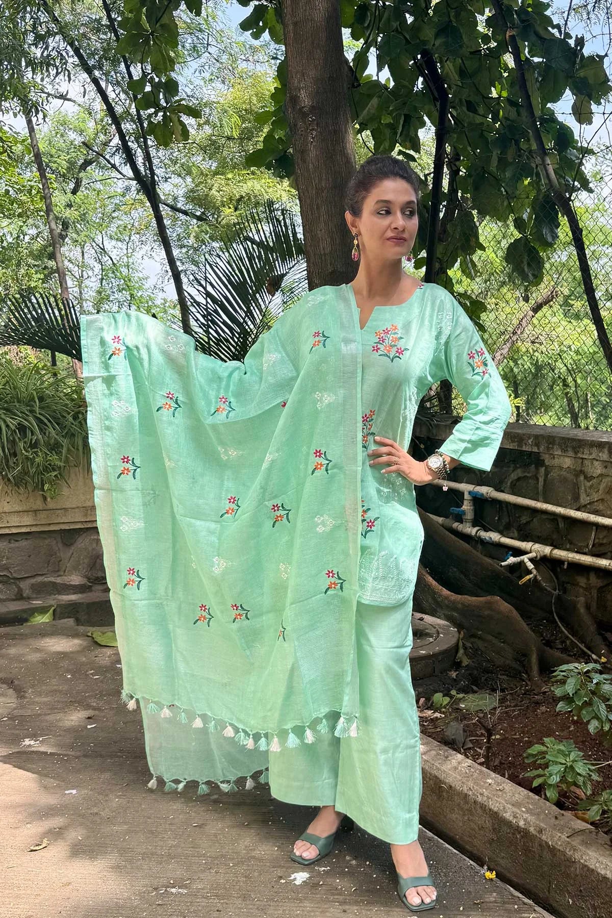 Linen Co-Ord Sets with Delicate Embroidery - Teal Blue