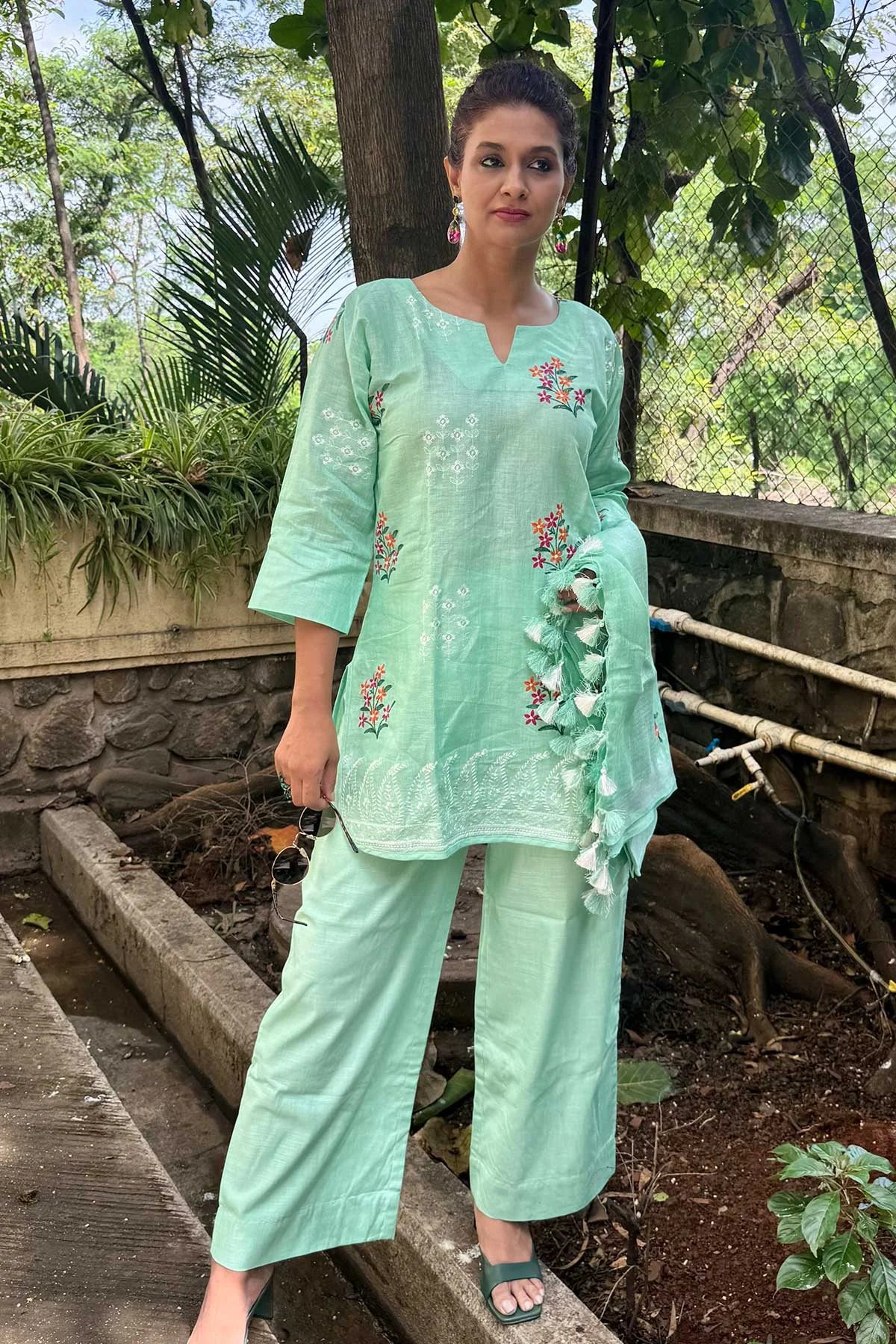 Linen Co-Ord Sets with Delicate Embroidery - Teal Blue