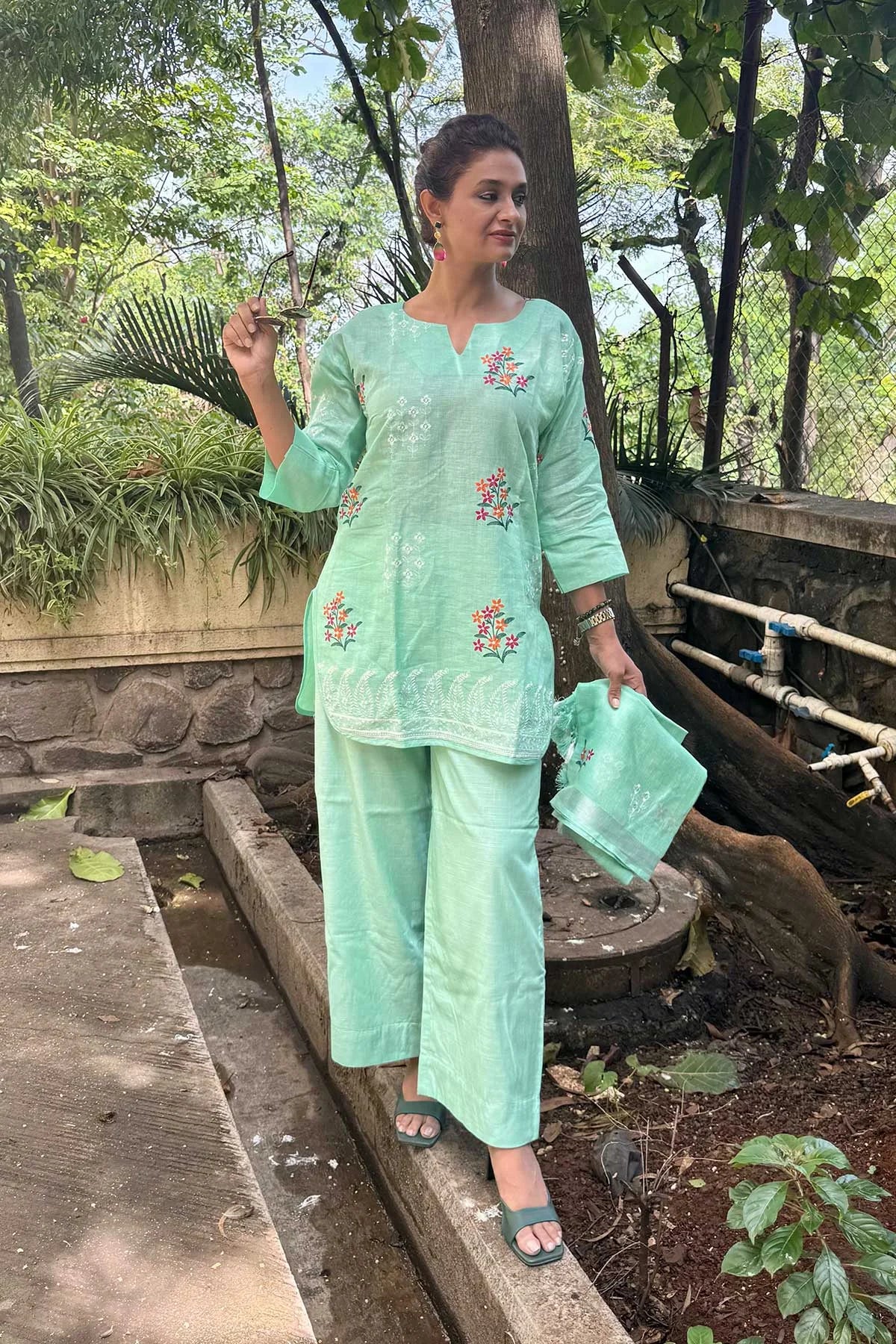 Linen Co-Ord Sets with Delicate Embroidery - Teal Blue