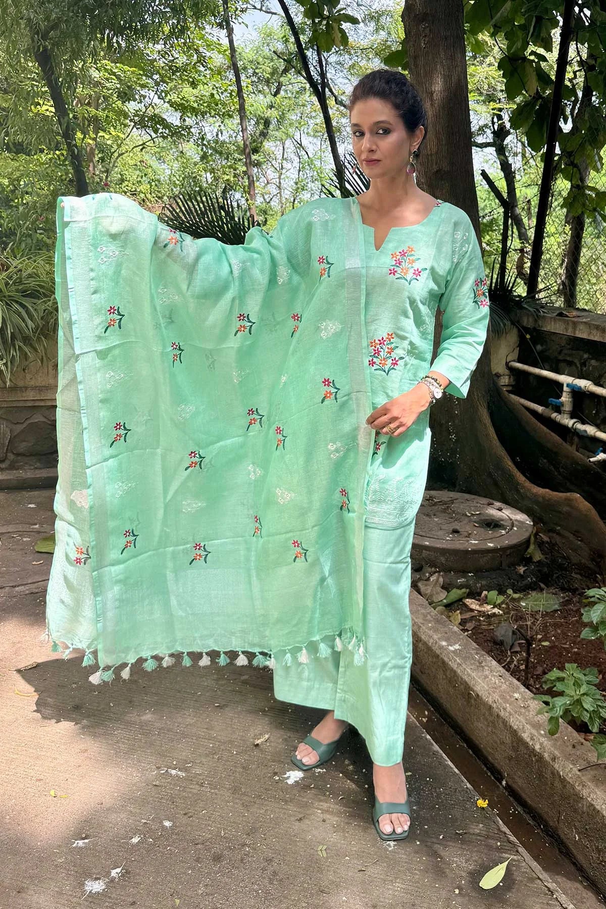 Linen Co-Ord Sets with Delicate Embroidery - Teal Blue