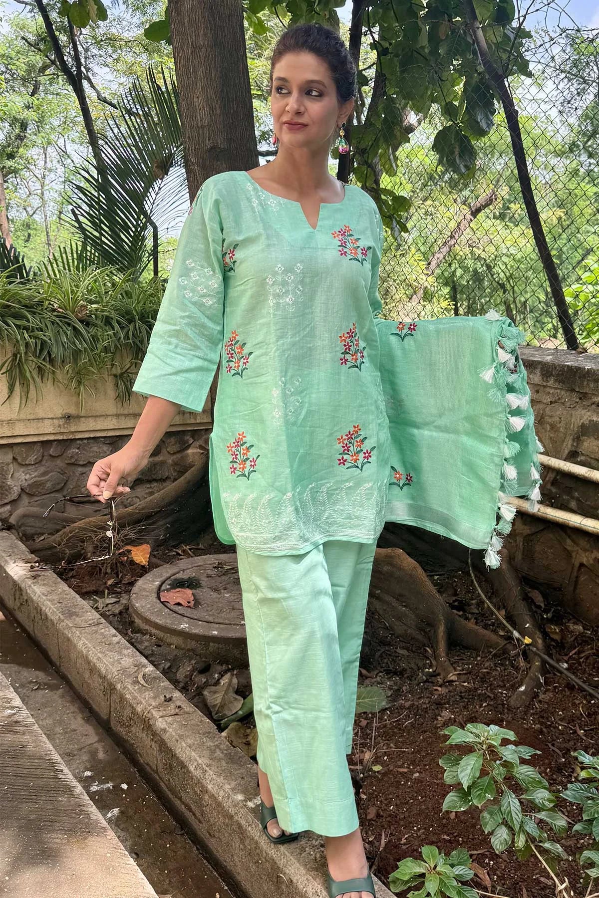 Linen Co-Ord Sets with Delicate Embroidery - Teal Blue