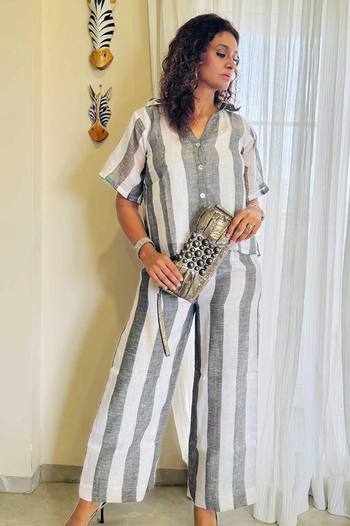 Linen Co-Ord Sets - Chalk Stripes White Grey Colour