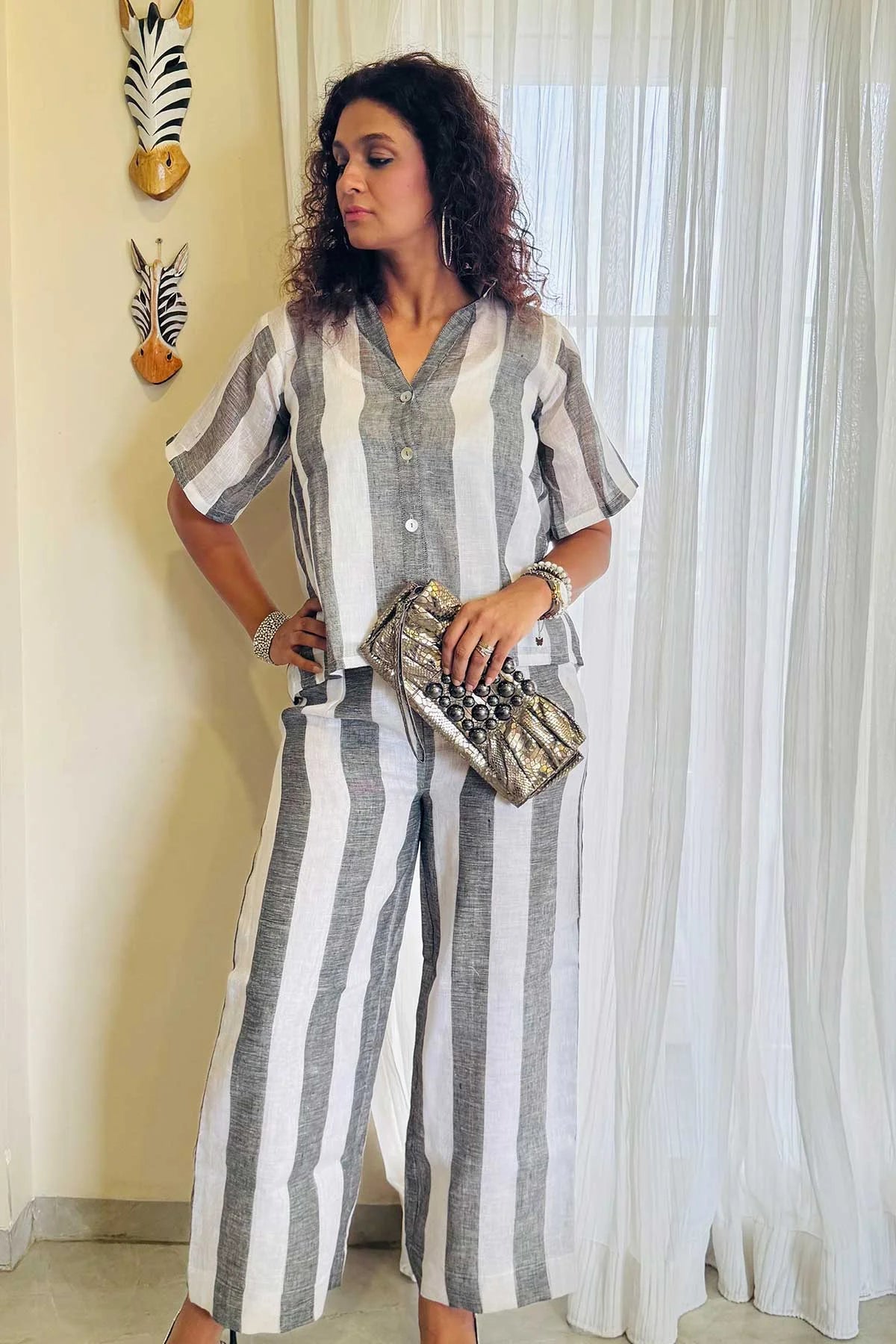 Linen Co-Ord Sets - Chalk Stripes White Grey Colour