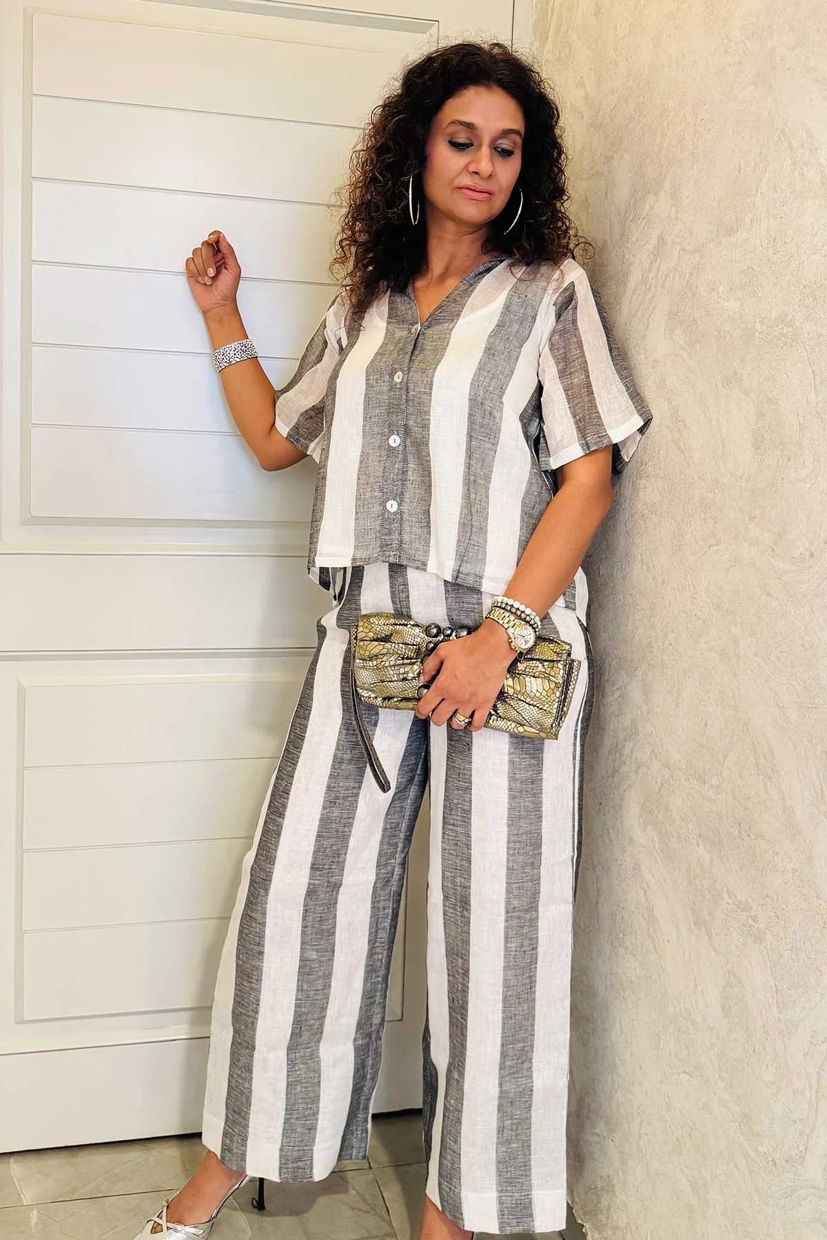 Linen Co-Ord Sets - Chalk Stripes White Grey Colour