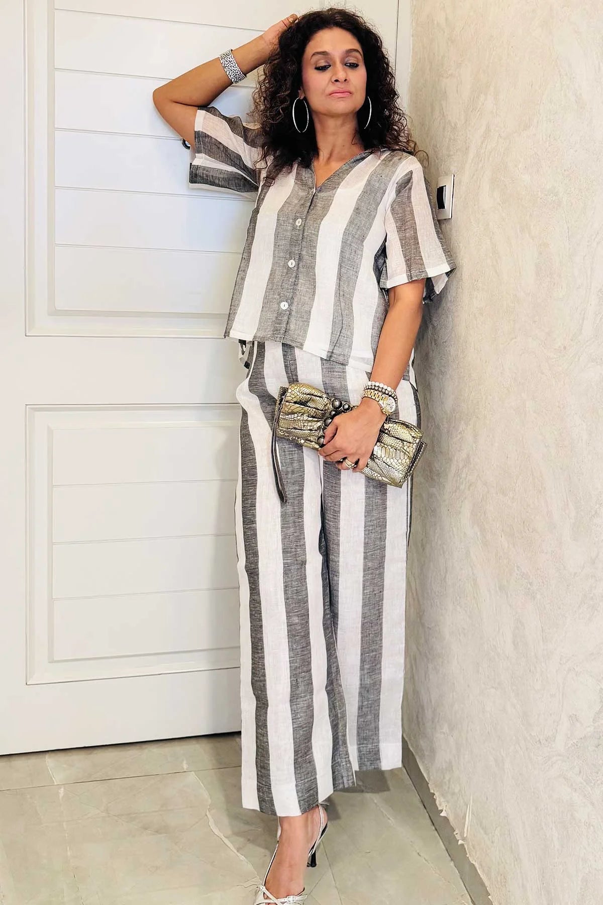 Linen Co-Ord Sets - Chalk Stripes White Grey Colour