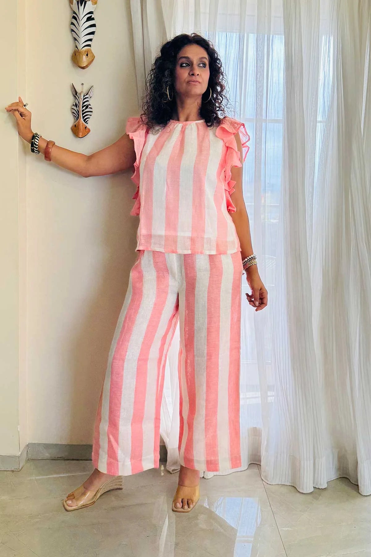 Linen Co-Ord Sets - Chalk Stripes White Peach Colour