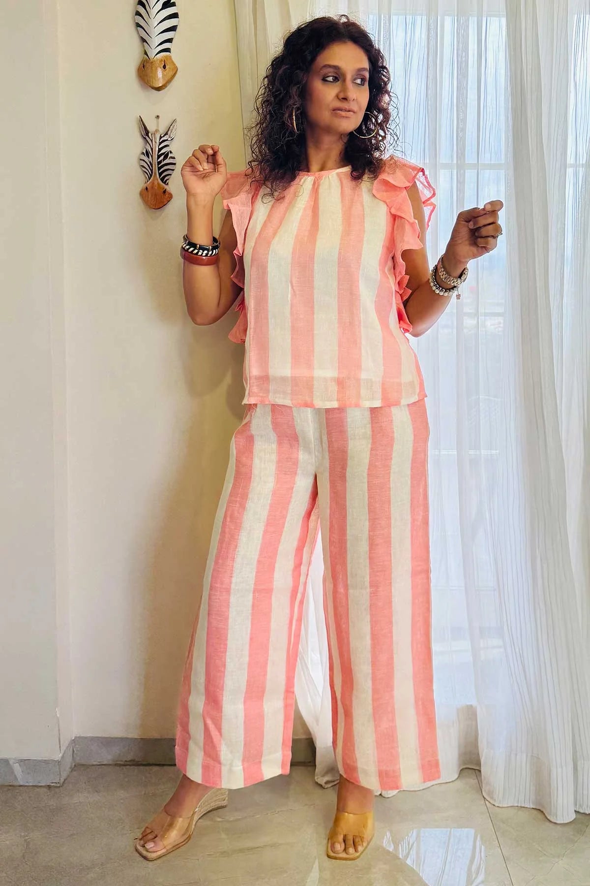 Linen Co-Ord Sets - Chalk Stripes White Peach Colour