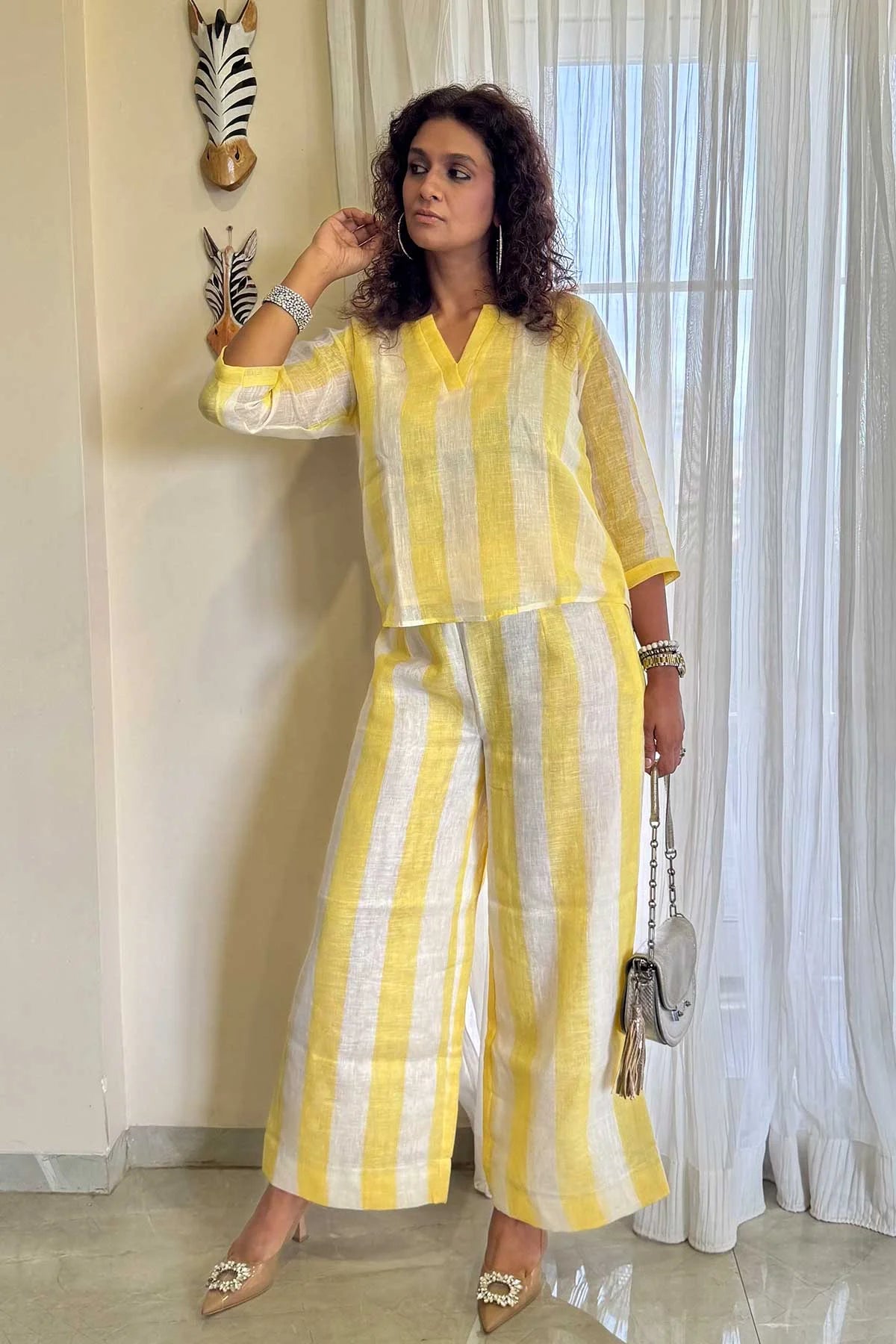 Linen Co-Ord Sets - Chalk Stripes White Yellow Colour