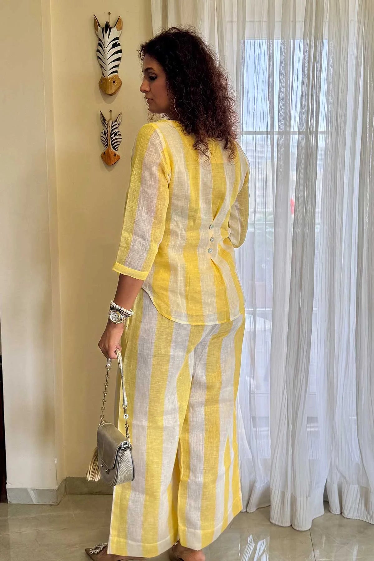 Linen Co-Ord Sets - Chalk Stripes White Yellow Colour