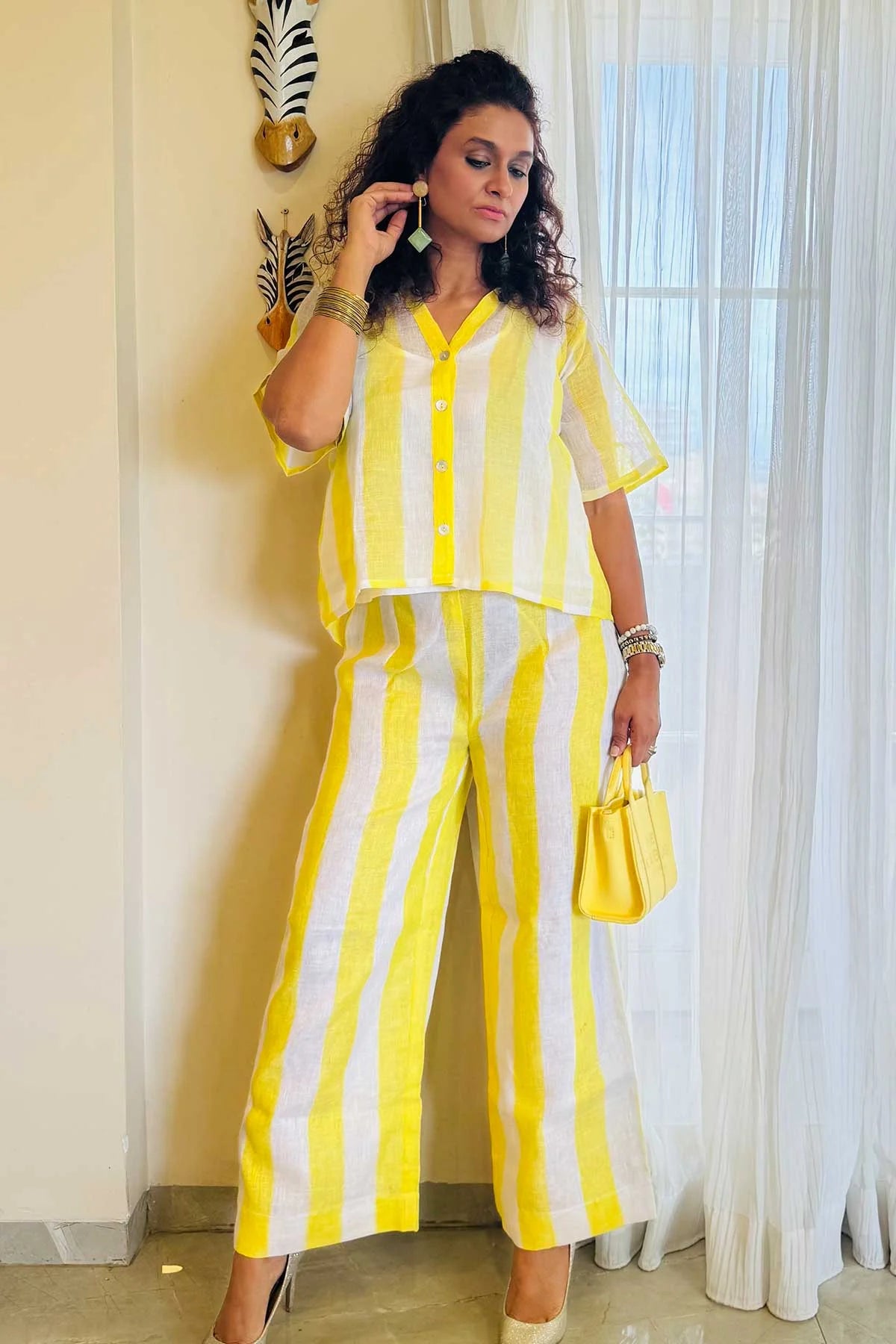 Linen Co-Ord Sets - Chalk Stripes White Yellow Colour