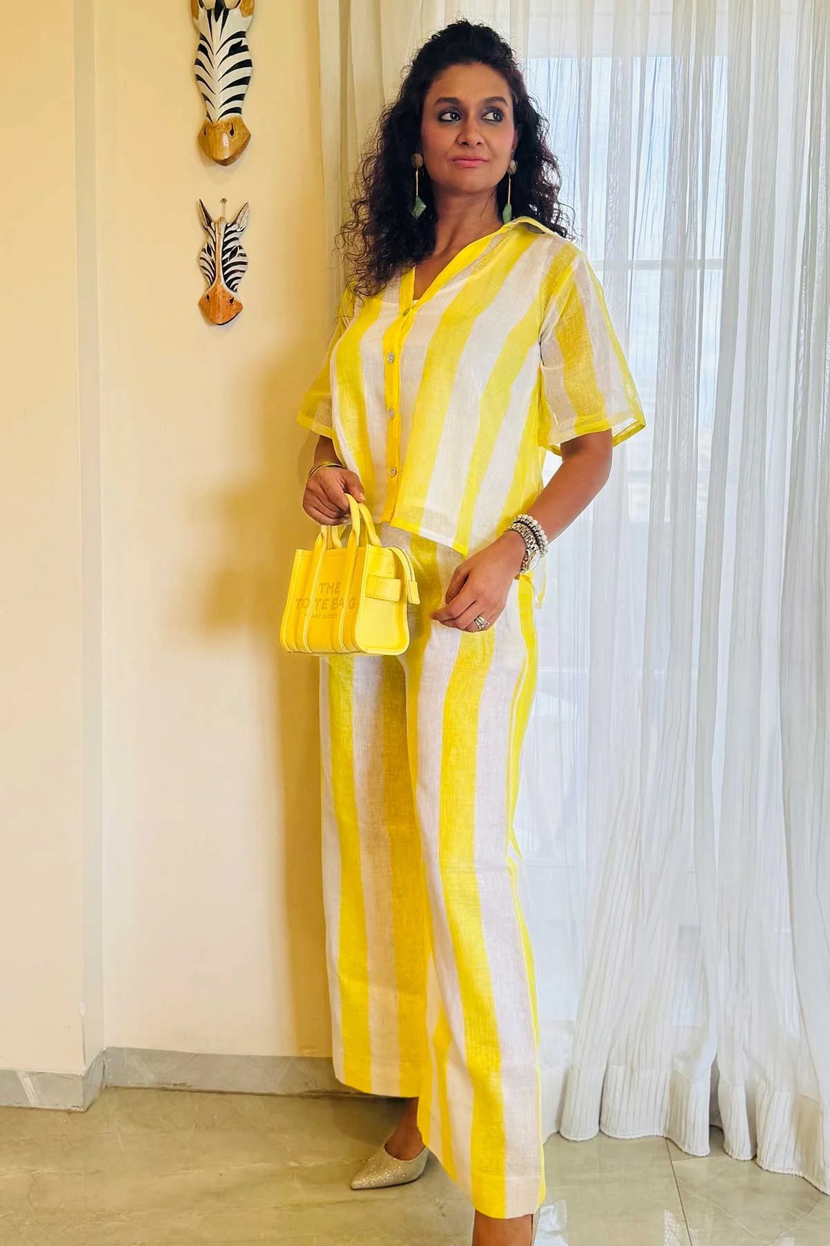 Linen Co-Ord Sets - Chalk Stripes White Yellow Colour