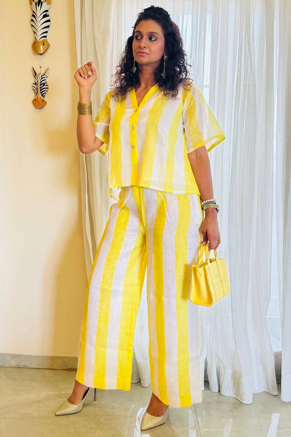 Linen Co-Ord Sets - Chalk Stripes White Yellow Colour