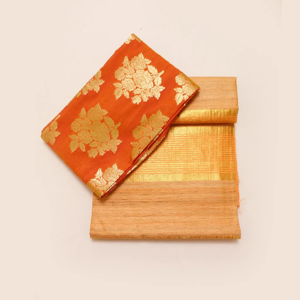 Mug Silk Saree Golden Cream with Contrast Brocade Banarasi Silk Blouse Fabric