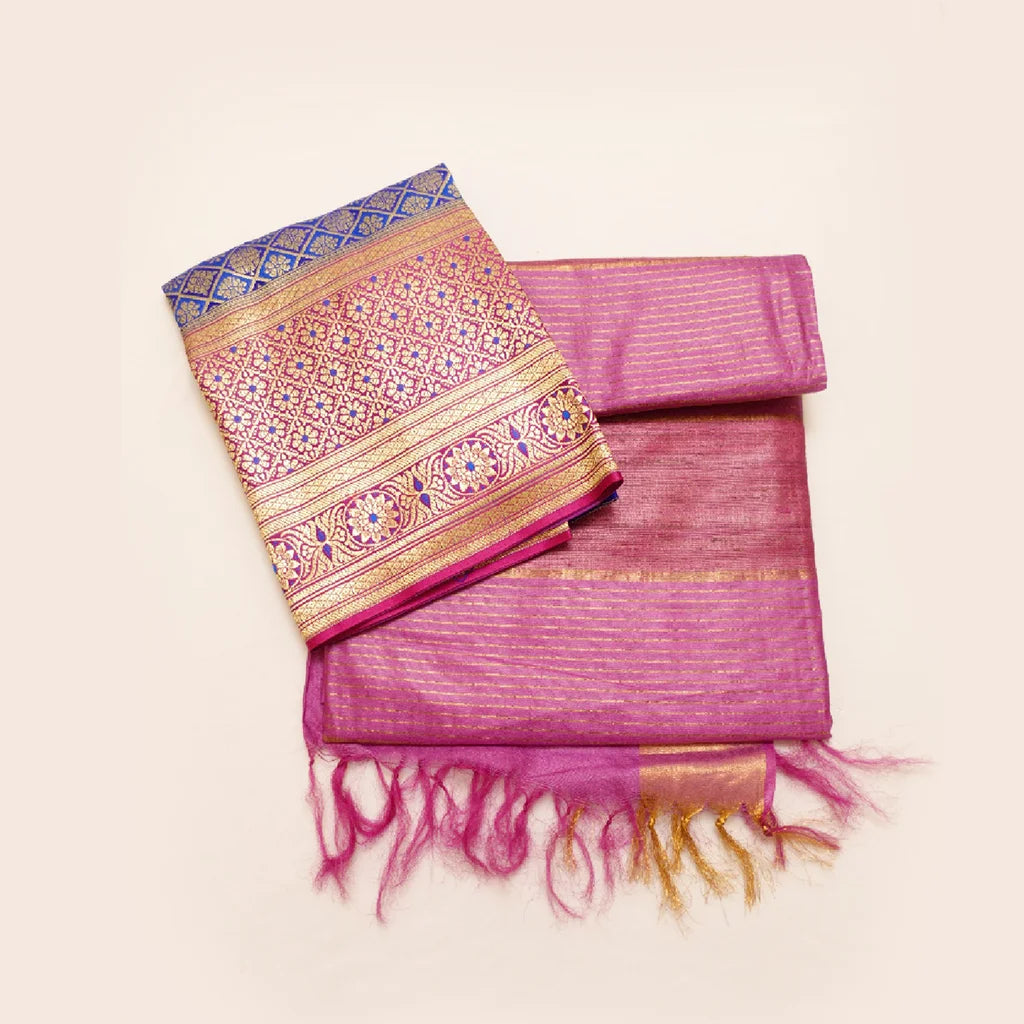 Muga Silk Saree Bluish Purple with Contrast Brocade Banarasi Silk Blouse Fabric