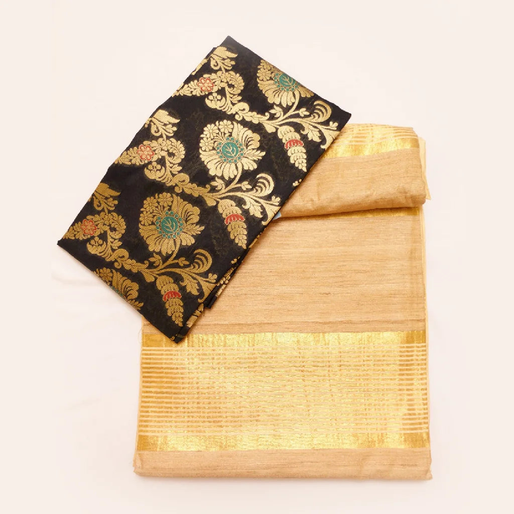 Muga Silk Saree Cream with Contrast Brocade Banarasi Silk Blouse Fabric