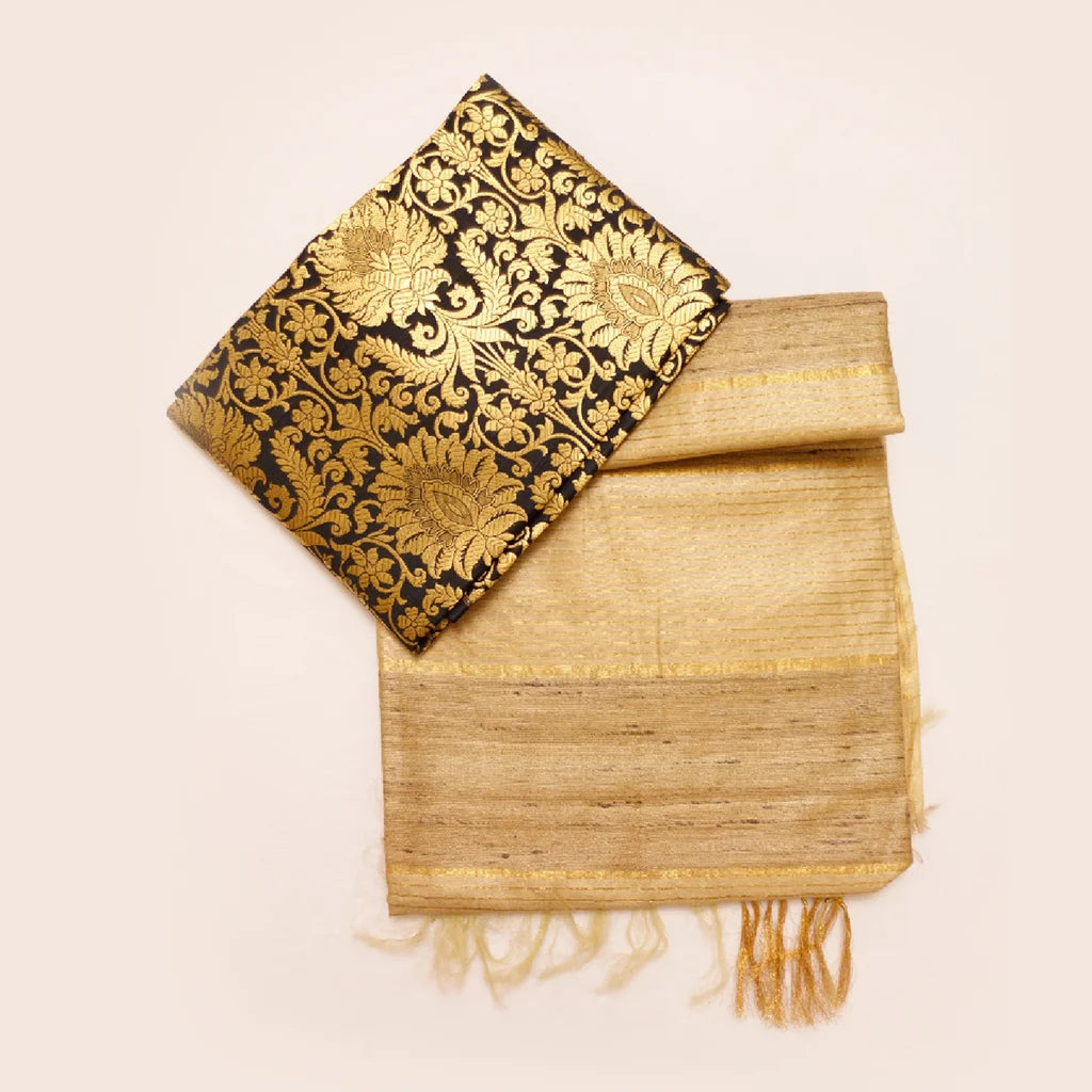 Muga Silk Saree Cream with Contrast Brocade Banarasi Silk Blouse Fabric