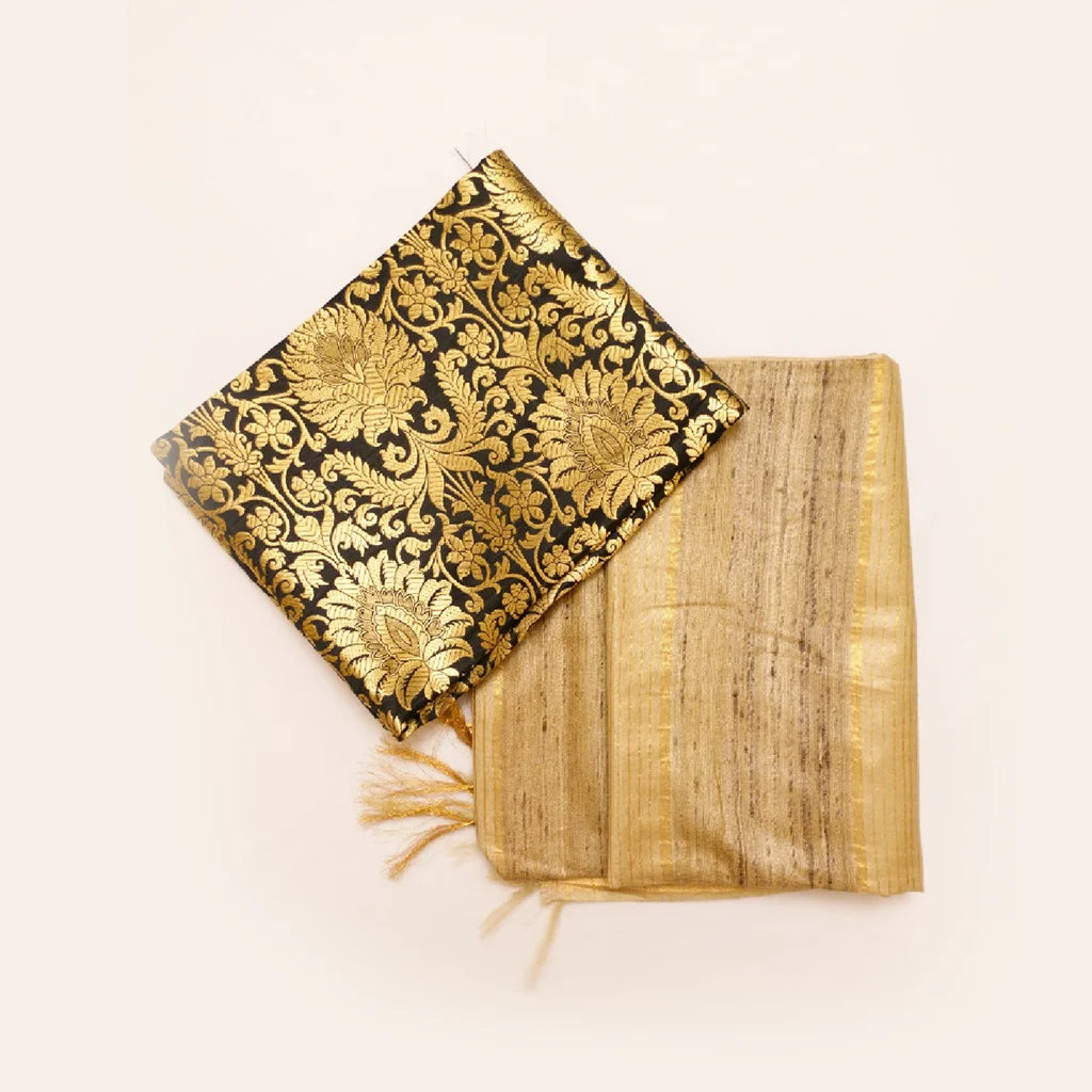 Muga Silk Saree Cream with Contrast Brocade Banarasi Silk Blouse Fabric