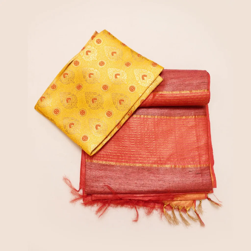 Muga Silk Saree Dark Peach with Contrast Brocade Banarasi Silk Blouse Fabric