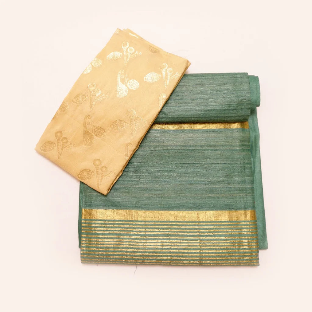 Muga Silk Saree Dark Teal with Contrast Brocade Banarasi Silk Blouse Fabric