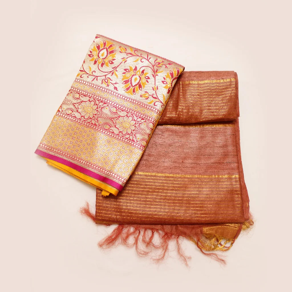 Muga Silk Saree Golden Brown with Contrast Brocade Banarasi Silk