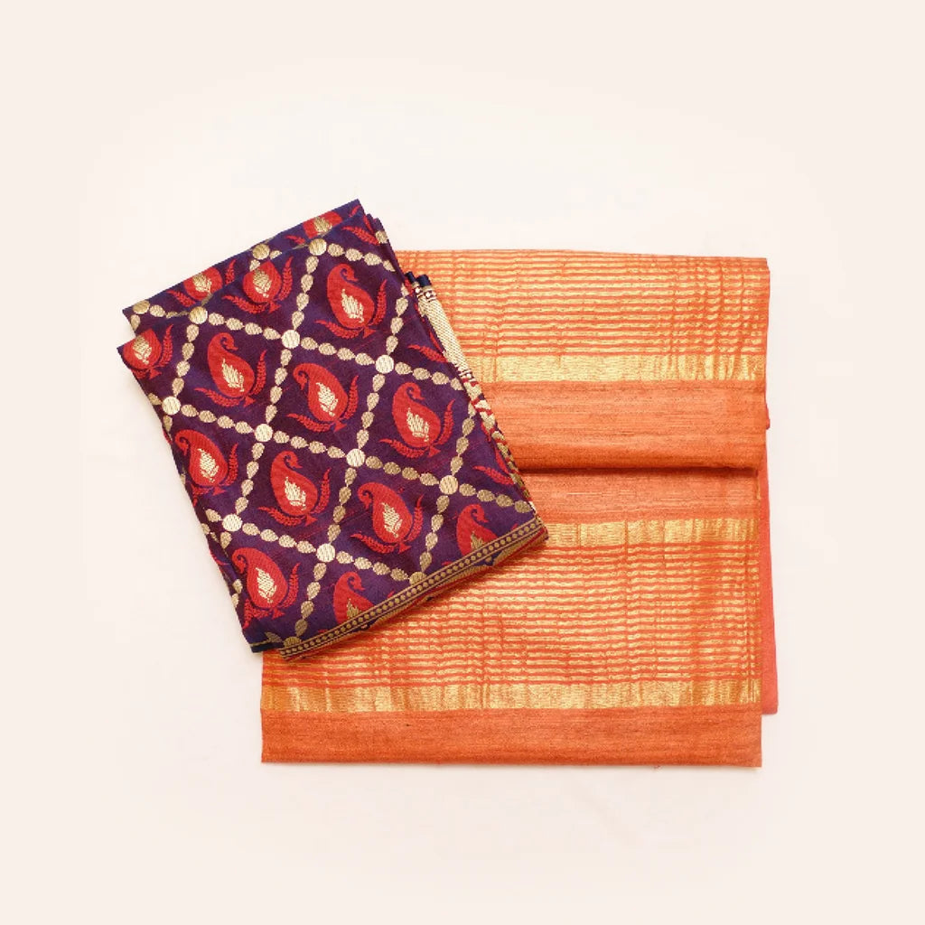 Muga Silk Saree Golden Orange with Contrast Brocade Banarasi Silk Blouse Fabric