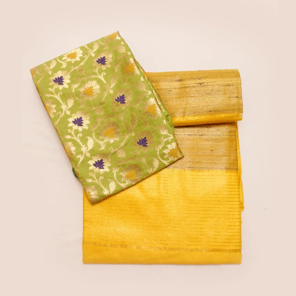 Muga Silk Saree Golden Yellow with Contrast Brocade Banarasi Silk Blouse Fabric