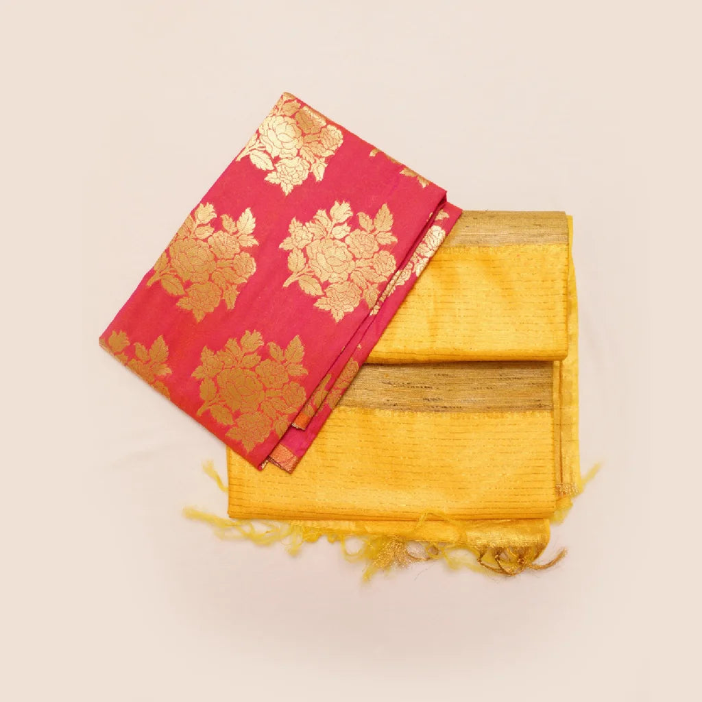 Muga Silk Saree Golden Yellow with Contrast Brocade Banarasi Silk Blouse Fabric